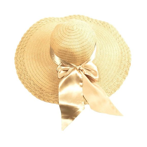 Floppy Straw Sun Hat 5” w/ Silk Bow - Beige - Picture 1 of 8